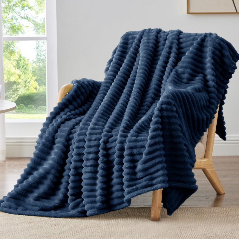 BEDELITE Fleece Throw Blanket for Couch 300GSM Soft Warm Fluffy Navy Blanket Decorative and Giftable Striped Blankets for Women Men 50x70 - Image 2