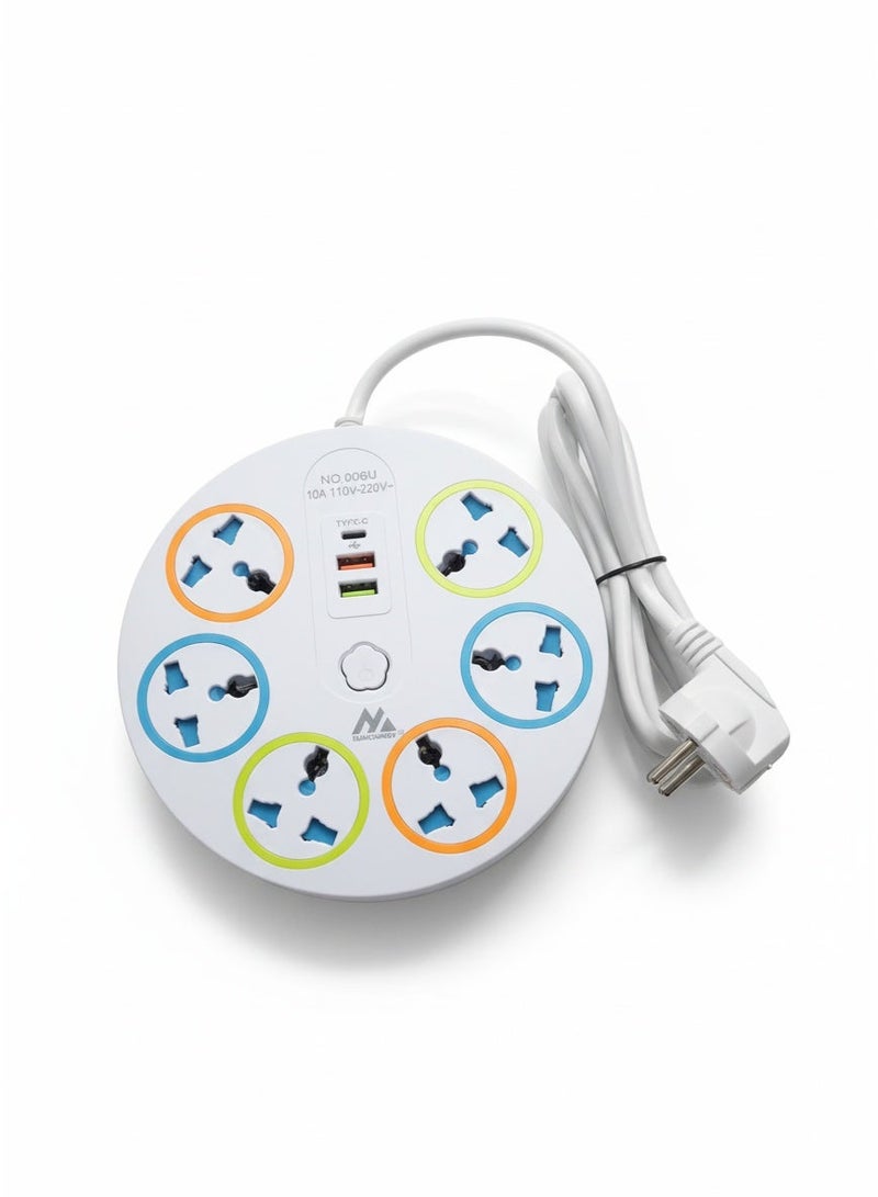 ELMAGHRABY Round Socket Power Strip with 6 Universal Outlets, 2 USB & Type-C Port , Fast & Safe Charging Extension with Overload Protection, Fire Resistant Design, Independent Switches and Smart Chip for Home & Office Use - Image 2