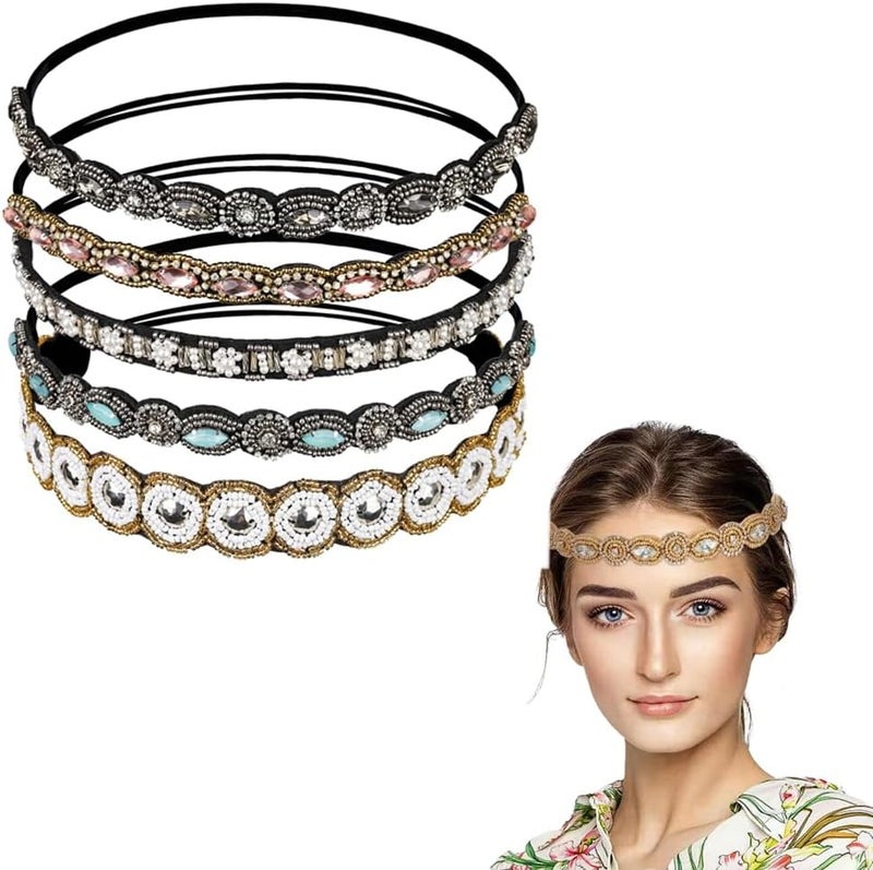 Luckam 5Pcs Rhinestone Beaded Headbands for Women, Fashionable Handmade Crystal Elastic Hair Bands, Hair Jewelry Accessories for Ladies and Girls, 20-26.8 Inches - Image 1