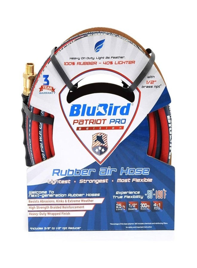 BluBird PPPRO1225 Heavy Duty Patriot Pro Rubber Air Hose 1/2" X 25' with Solid Brass Fittings for Pneumatic Tools Air Compressors - UV Oil Weather Resistant - 300 PSI - Image 1