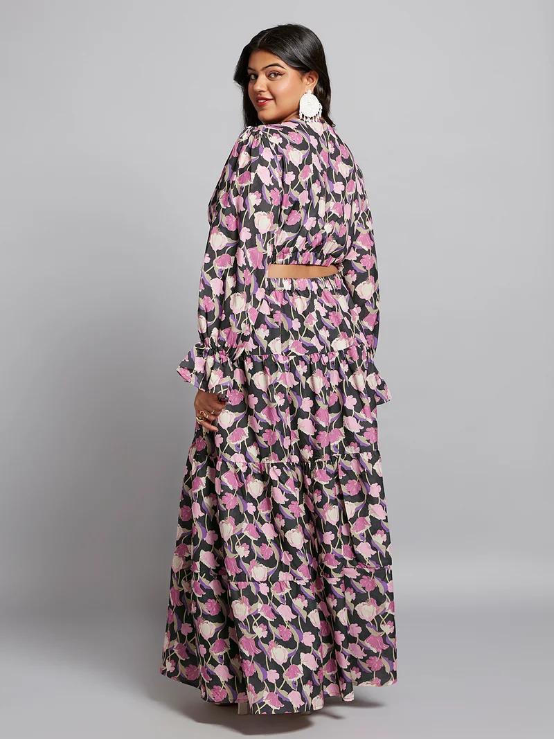globus Gloplus Women Floral V-Neck Bishop Sleeves Cut-Out Tiered Fit & Flare Plus Size Dress