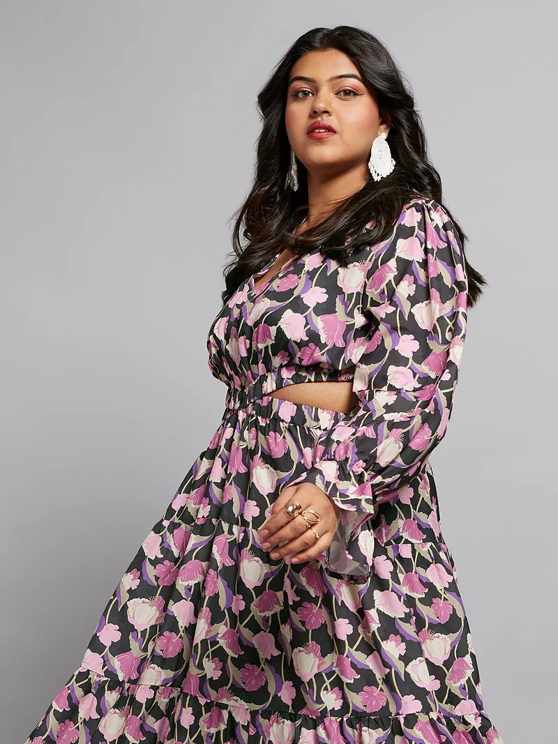 globus Gloplus Women Floral V-Neck Bishop Sleeves Cut-Out Tiered Fit & Flare Plus Size Dress