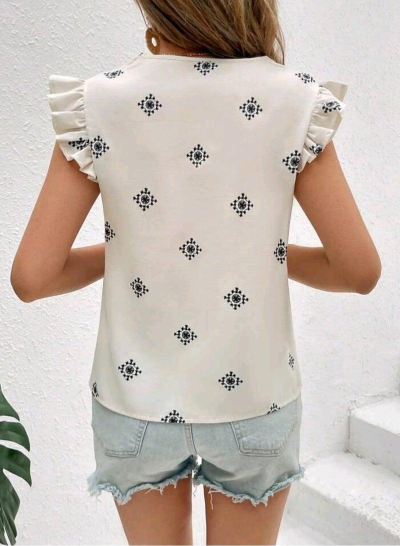 Shein SHEIN Frenchy Women'sBLOUSE Casual Bohemian Print V Neck Cap Sleeve Shirt Vacation Clothing Summer Outfits  - Image 3