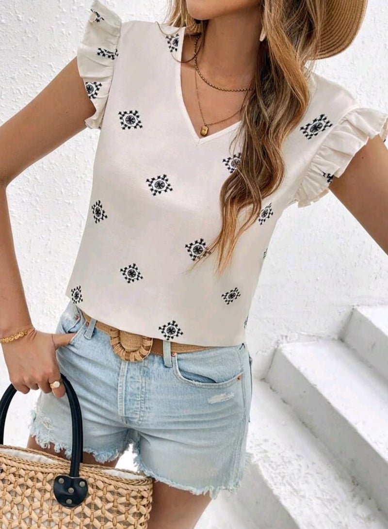 Shein SHEIN Frenchy Women'sBLOUSE Casual Bohemian Print V Neck Cap Sleeve Shirt Vacation Clothing Summer Outfits  - Image 5