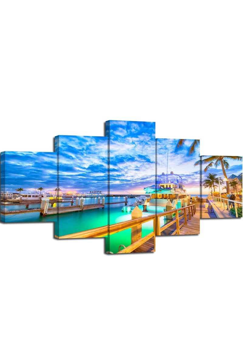 Wall Decor Sunset over Key West, Florida Picture Canvas Art HD Print Wooden Bridge at the Port Wall Art Painting for Office Living Room Decoration Poster with Frames Ready to Hang - Image 1