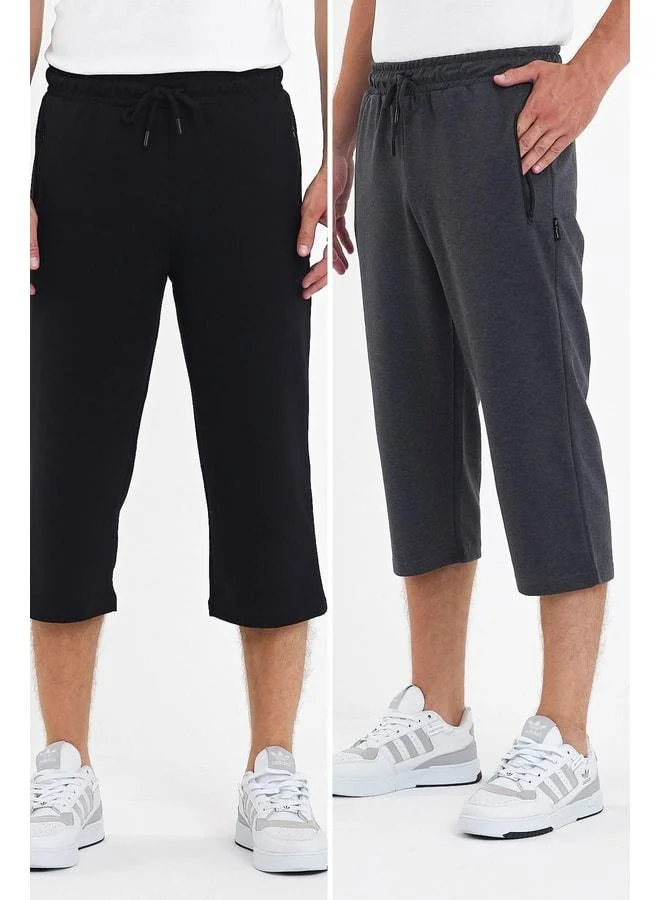 mmetalic Men's 2-Pack Black-Anthracite Bermuda Capri Shorts with Zippered Pockets, Below-Knee Length, and Adjustable Elastic Waist.