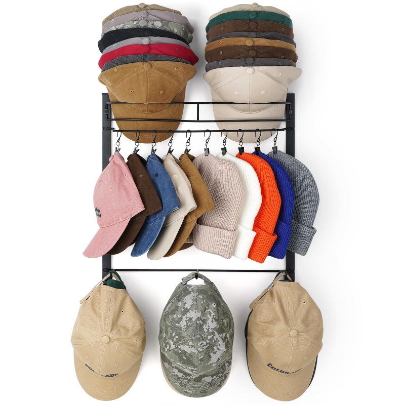 HYDERMUS Hat Rack for 45 Baseball Caps with 10 Clips 3 Tier Hat Organizer for Wall Multifunctional Hat Hanger Metal Hat Holder at Closet Bedroom Entryway Gift for Men Boy Teen