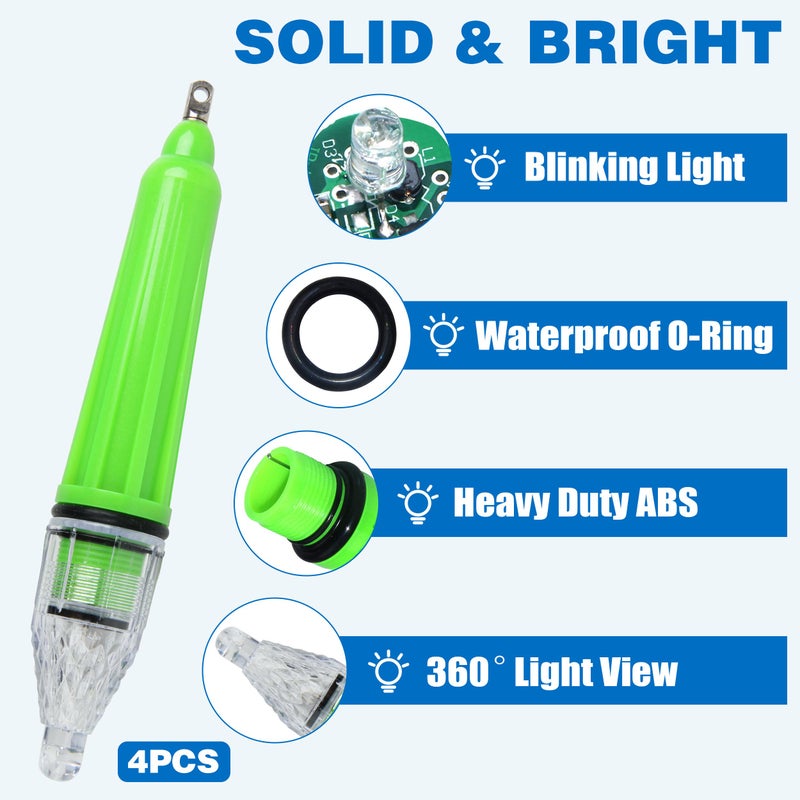 OROOTL LED Underwater Fishing Light, 4 Pack Deep Drop Fishing Lights Waterproof Fish Night Light Attractive Flashing Green White Red Blue Bait Lure Lamp Accessories, Green - Image 2