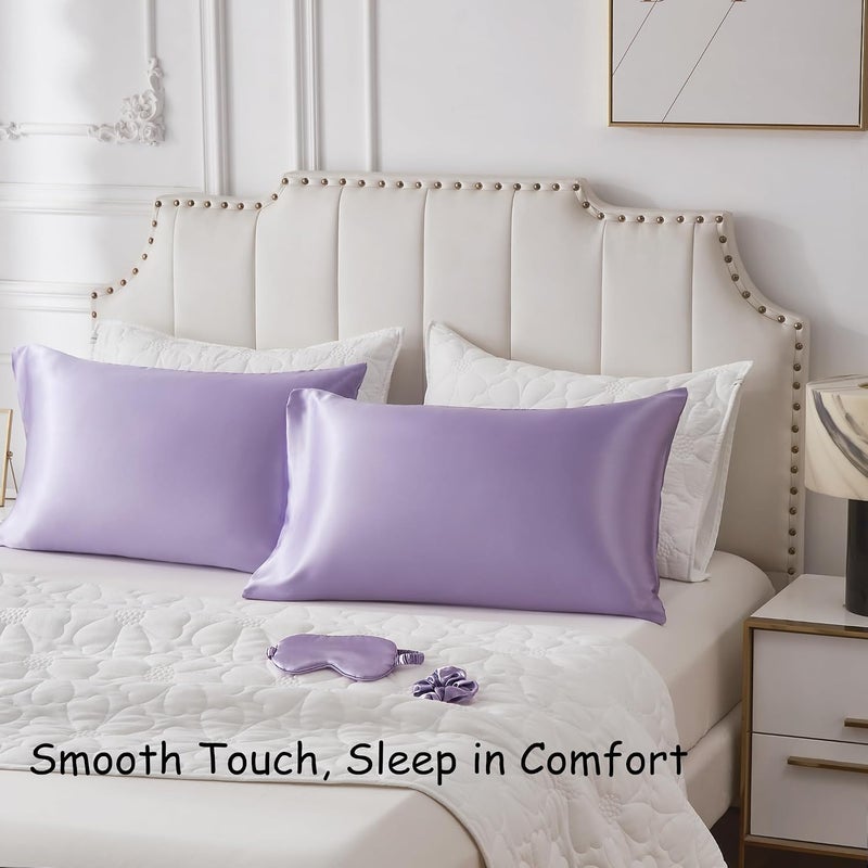 URLINENS غطاء وسادة من الساتان للشعر والبشرة، مجموعة نوم من حرير نباتي - 2 غطاء وسادة أرجواني من الساتان، 1 قناع عين، 1 ربطة شعر، أغطية وسائد من الساتان الناعم مقاس كوين مع إغلاق مغلف - Image 4