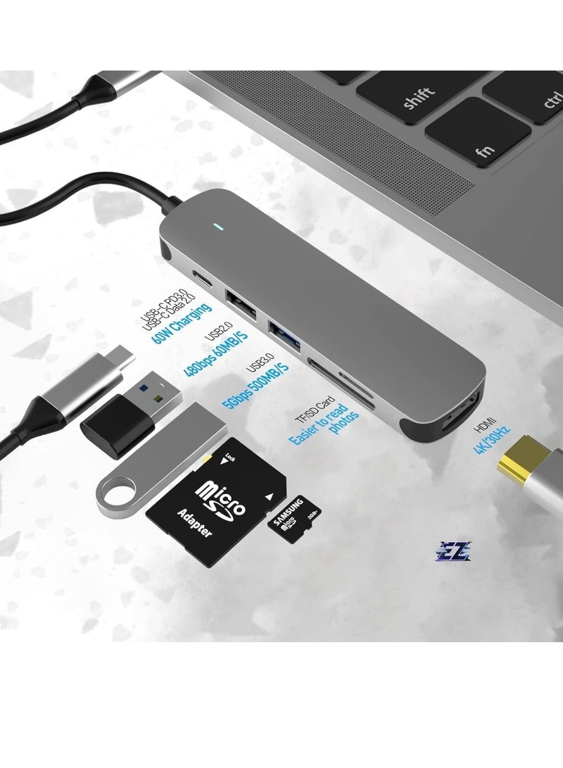 ELTRAZONE محور USB C 6 في 1 مع USB 3.0، 4K HDMI، USB C PD، قارئ بطاقات SD/TF – محطة إرساء لجهاز MacBook Pro، MacBook Air وأجهزة Type-C الأخرى – محور التوسع النهائي - Image 2