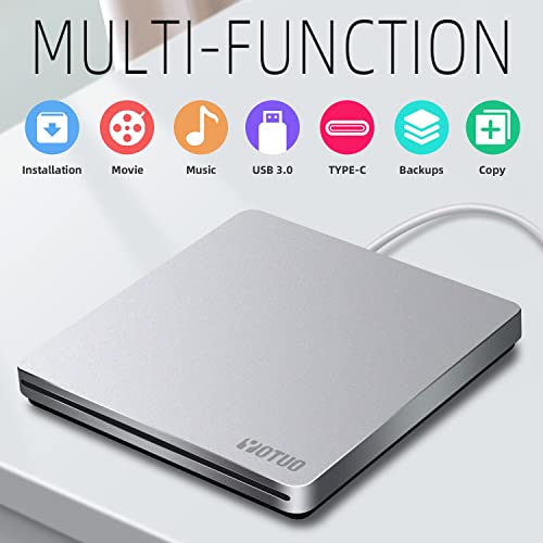 YOTUO External CD/DVD Drive, Portable USB 3.0 & USB-C CD RW Drive, DVD Player, DVD Burner for Laptop, Desktop, Compatible with Windows 7/8/10/11, Mac, MacBook Pro/Air, Linux (IDD031) - Image 3