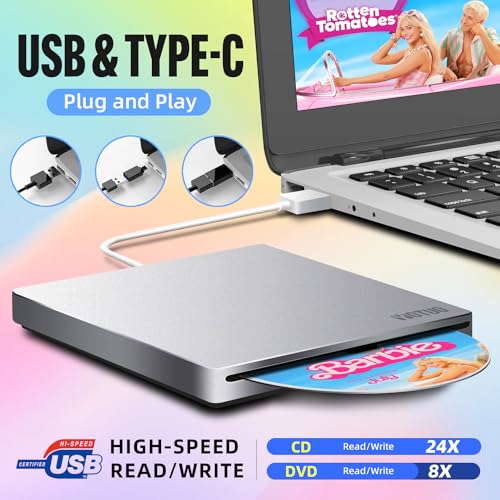 YOTUO External CD/DVD Drive, Portable USB 3.0 & USB-C CD RW Drive, DVD Player, DVD Burner for Laptop, Desktop, Compatible with Windows 7/8/10/11, Mac, MacBook Pro/Air, Linux (IDD031) - Image 2