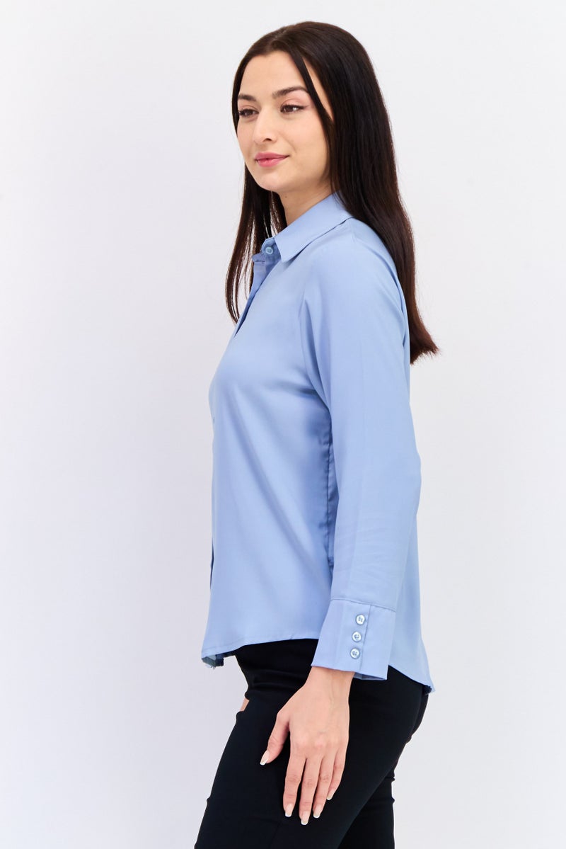 bebe Women Spread Collar Solid Long Sleeves Blouse, Light Blue - Image 3