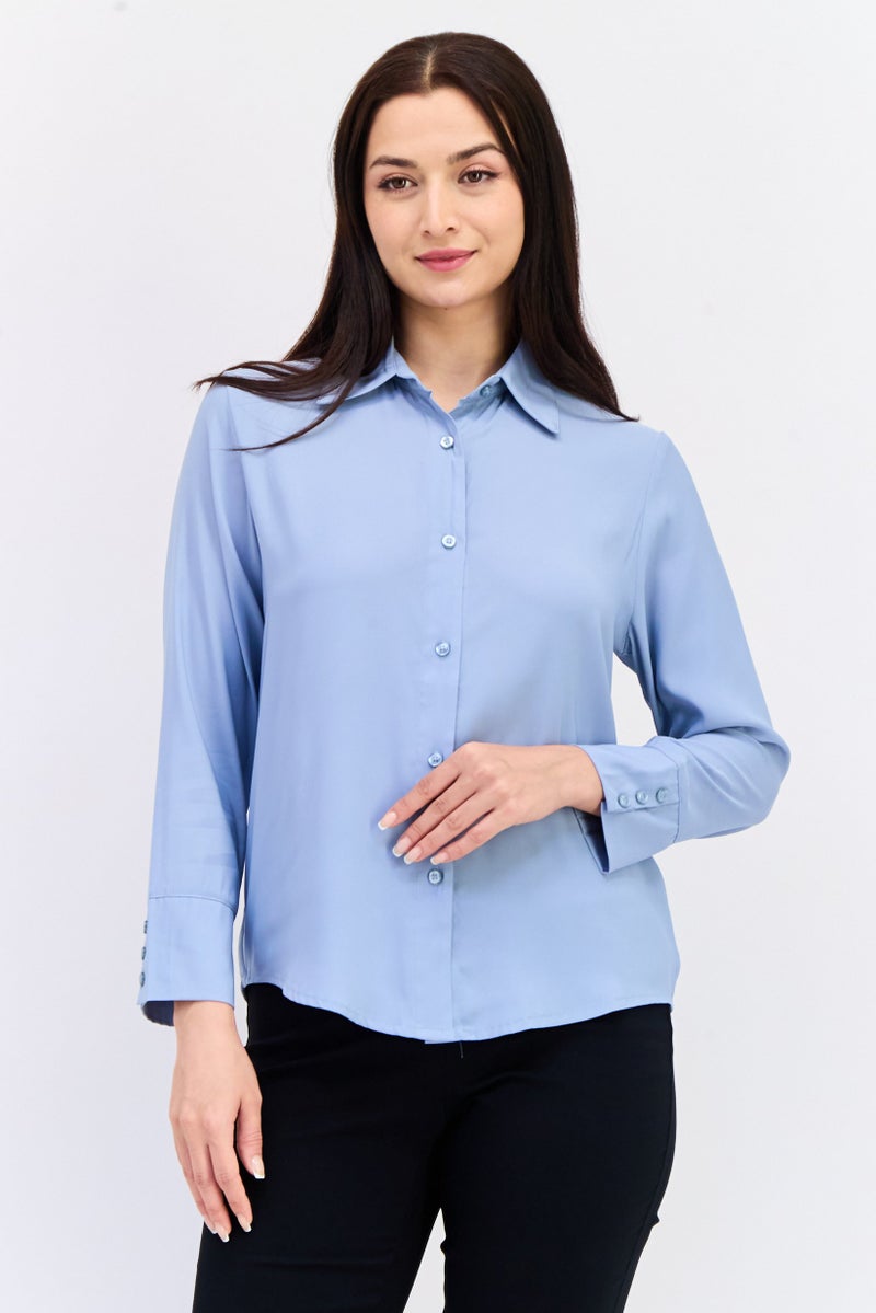 bebe Women Spread Collar Solid Long Sleeves Blouse, Light Blue - Image 1
