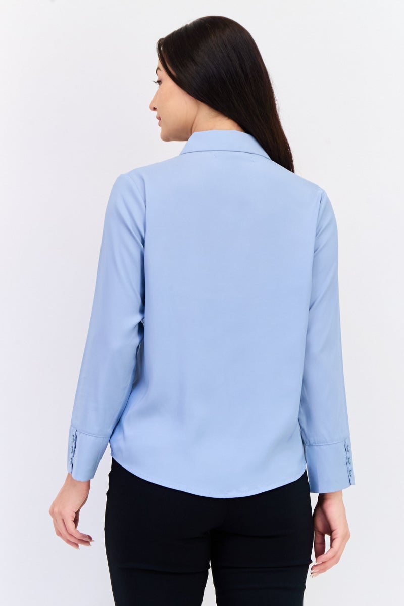 bebe Women Spread Collar Solid Long Sleeves Blouse, Light Blue - Image 2