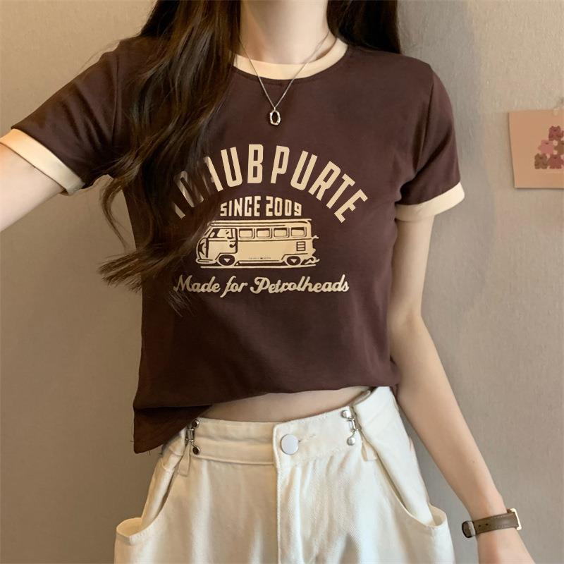Milk Silk T-Shirt for Women Summer 2025 New Sweet Hottie Contrasting Color Round Neck Short Top Short-Sleeved T-Shirt for Women Trendy Export - Image 5