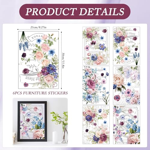 Wxiben Flower Rub on Transfers for Crafts and Furniture - Wxiben 6 Sheets Retro Floral Word Rub on Transfers for Furniture Roses Plant Rub on Transfer Stickers Decals for Wood DIY Craft Office Home Decor - Image 2