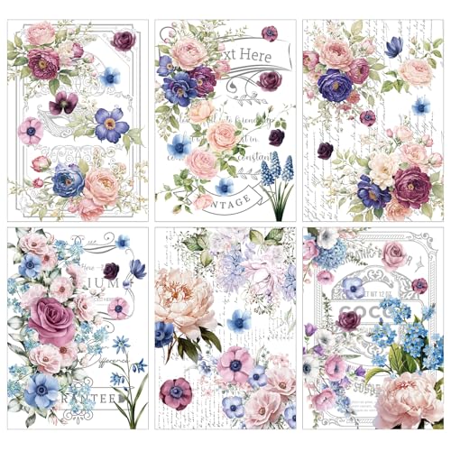 Wxiben Flower Rub on Transfers for Crafts and Furniture - Wxiben 6 Sheets Retro Floral Word Rub on Transfers for Furniture Roses Plant Rub on Transfer Stickers Decals for Wood DIY Craft Office Home Decor - Image 1