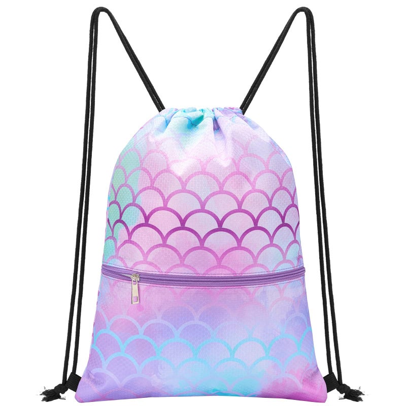 WAWSAM Mermaid Drawstring Backpack - Drawstring Bags for Girls Kids Swim Bag for Beach Swim Swimming Pool Draw String Bags with Zippered Pocket Waterproof Sports Gym Bag - Image 1