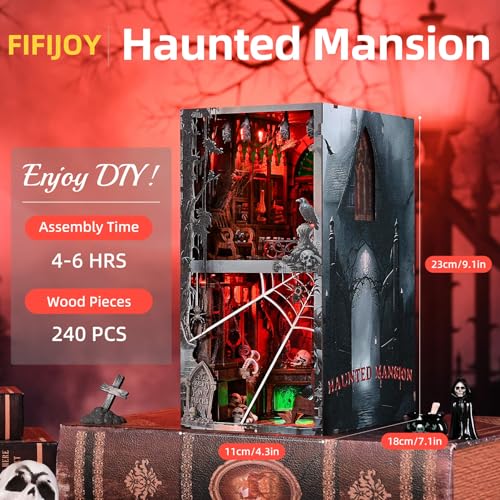 fifijoy Haunted House Halloween Book Nook Kit Spooky Shelf Insert Bookshelf Diorama Horror Art Miniature Decor Creepy Scary Wooden Puzzle Booknook Haunted Mansion - Image 5