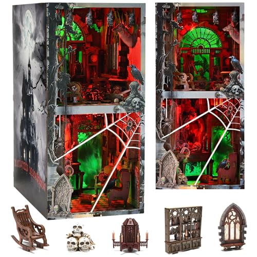fifijoy Haunted House Halloween Book Nook Kit Spooky Shelf Insert Bookshelf Diorama Horror Art Miniature Decor Creepy Scary Wooden Puzzle Booknook Haunted Mansion - Image 1