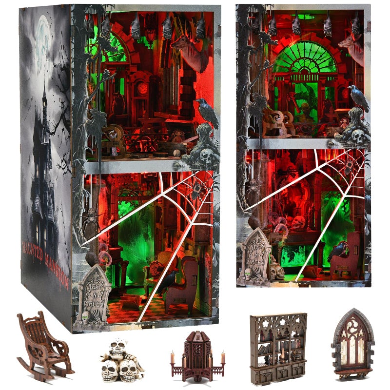 fifijoy Haunted House Halloween Book Nook Kit Spooky Shelf Insert Bookshelf Diorama Horror Art Miniature Decor Creepy Scary Wooden Puzzle Booknook Haunted Mansion - Image 2