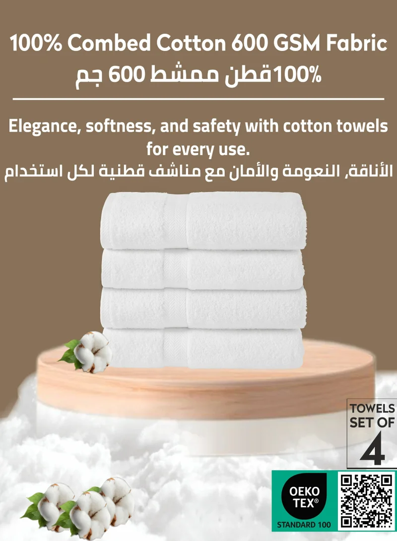 Donetella Premium 100 % Combed Cotton 4-Pcs Hand Towel Set (50 X 90 CM) 600 GSM Super Soft Hand Towel, Highly Absorbent, Quick Dry,Best Towel for Bathroom, Spa And Hotel,White