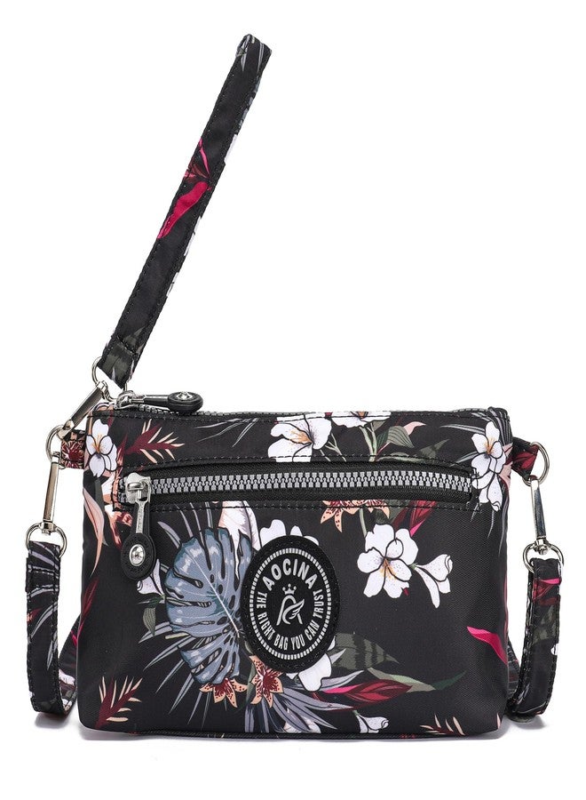 AOCINA Small Wristlet Wallet for Women RFID Blocking Crossbody Purse Gifts for Valentines Day Nylon Cell Phone Purses(Floral Black) - Image 1