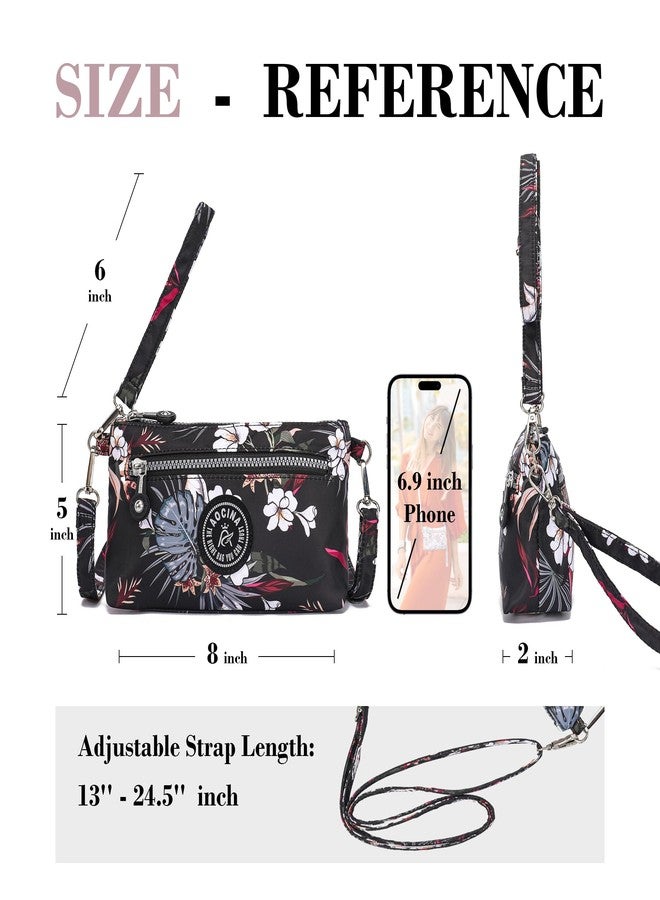 AOCINA Small Wristlet Wallet for Women RFID Blocking Crossbody Purse Gifts for Valentines Day Nylon Cell Phone Purses(Floral Black) - Image 4