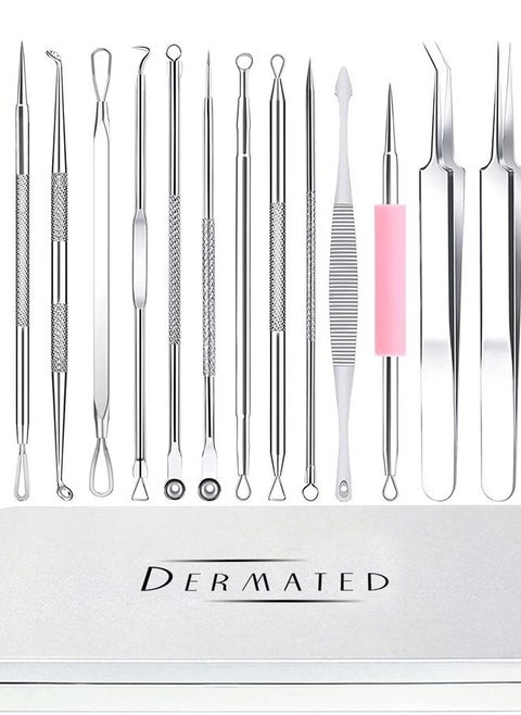 Dermated [16 Pack] Blackhead Remover Tools Pimple Popper Tool Kit | Stainless Steel Professional Pimple Extractor Tool Kit for Blackheads, Blemish, Comdone, Acne, Zit, and Whiteheads for Face & Nose