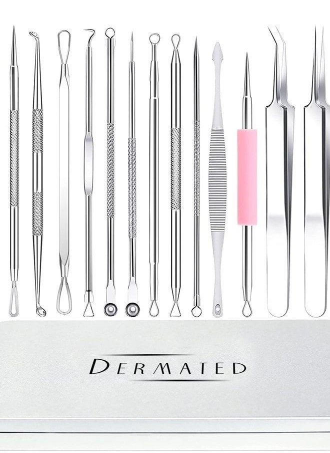 Dermated [16 Pack] Blackhead Remover Tools Pimple Popper Tool Kit | Stainless Steel Professional Pimple Extractor Tool Kit for Blackheads, Blemish, Comdone, Acne, Zit, and Whiteheads for Face & Nose