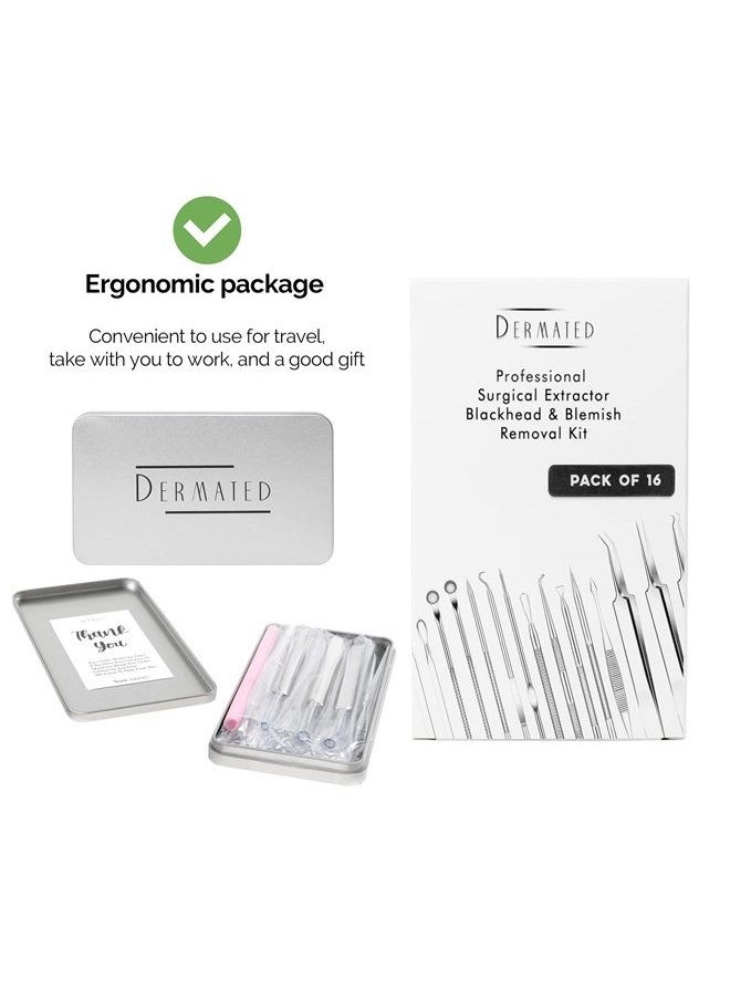 Dermated [16 Pack] Blackhead Remover Tools Pimple Popper Tool Kit | Stainless Steel Professional Pimple Extractor Tool Kit for Blackheads, Blemish, Comdone, Acne, Zit, and Whiteheads for Face & Nose
