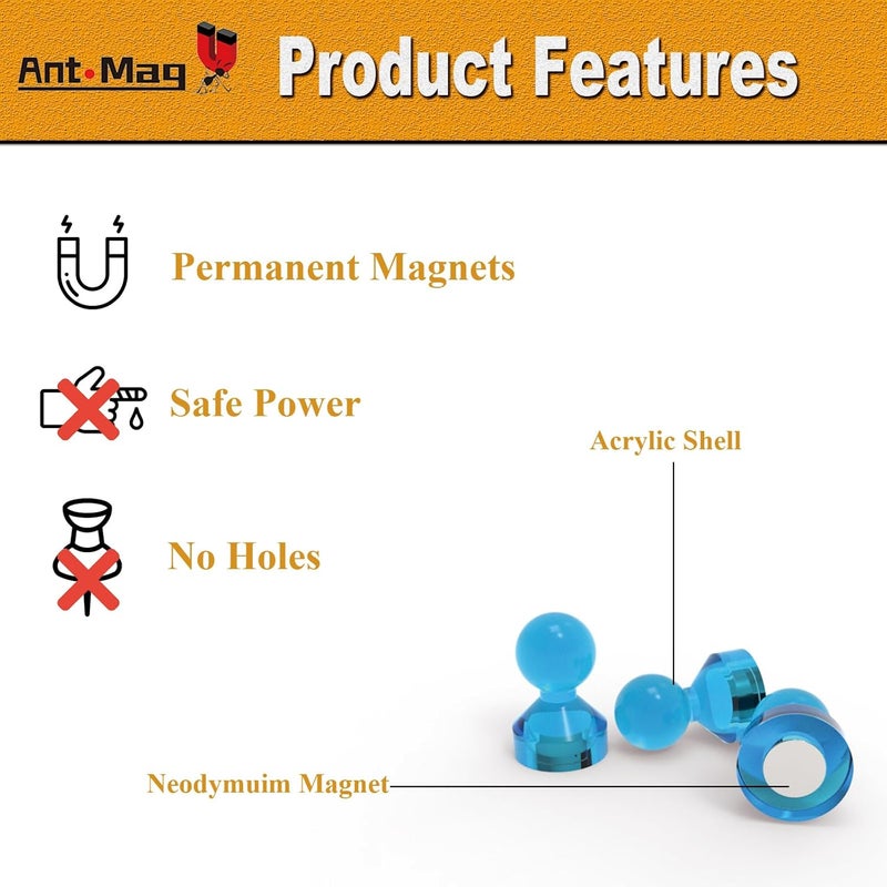 Ant Mag Magnetic Push Pins, 72 Pack Strong Whiteboard Magnets for Fridge, Maps, Office, Kitchen & Classroom Blue - Image 4