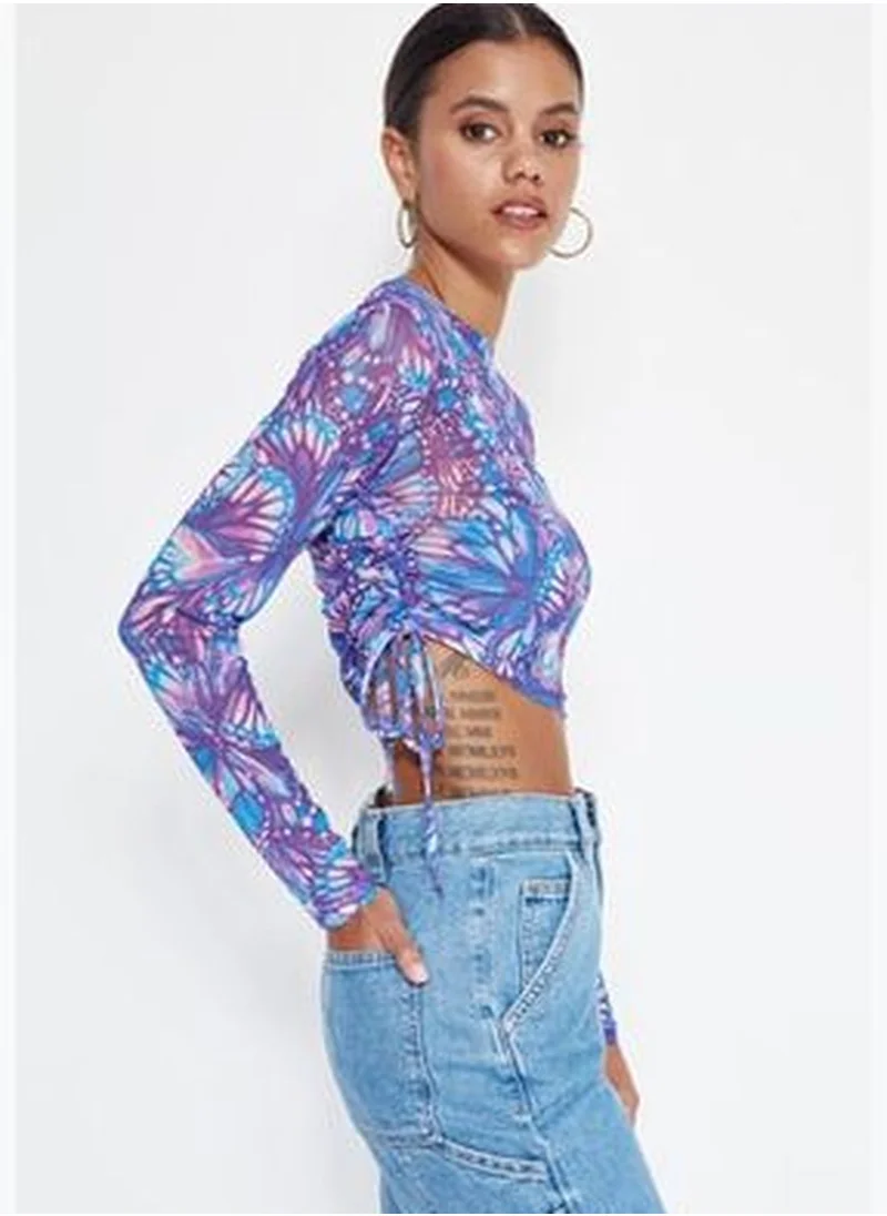 trendyol Purple Butterfly Printed Shirring Detailed Crew Neck Basic Crop Stretchy Tulle Knitted Blouse TWOSS23BZ00687