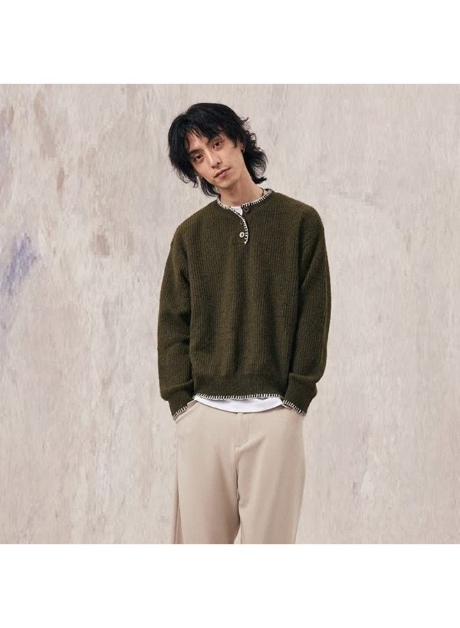 Green Retro Niche Design Henry Collar Loose Knitwear For Men And Women Apricot Knitwear Top