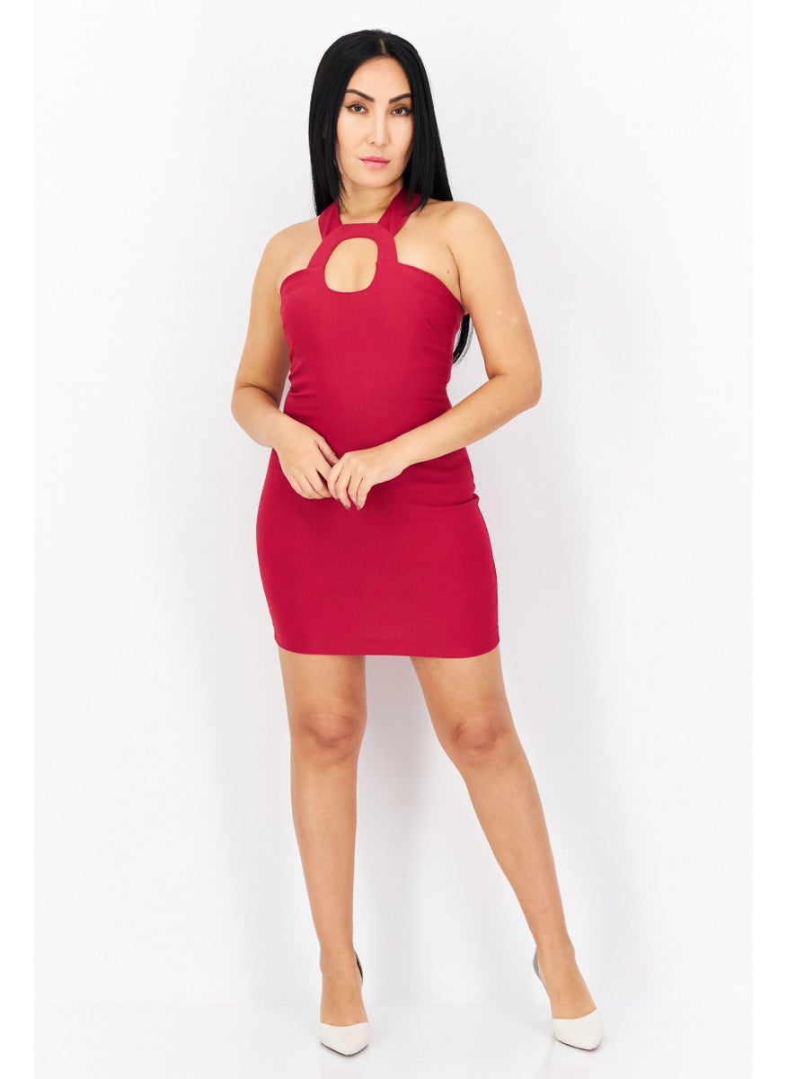 Vesper Women Petite Solid Bodycon Dress, Maroon  - Image 2