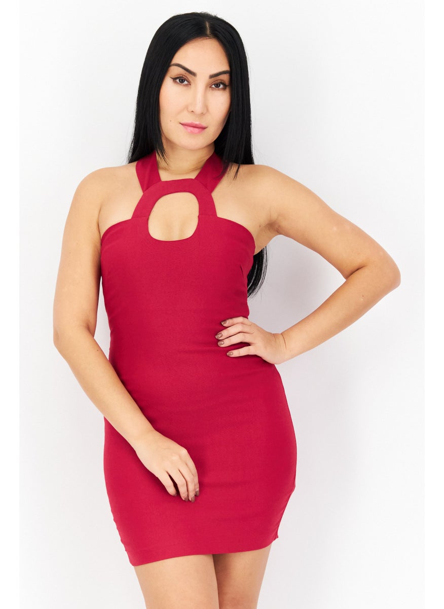 Vesper Women Petite Solid Bodycon Dress, Maroon  - Image 1