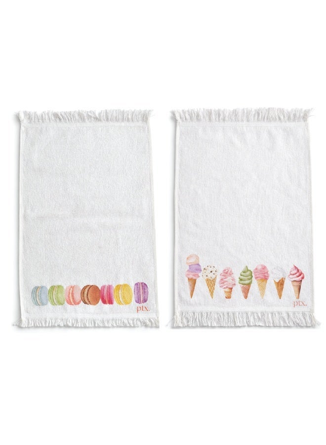 Printex Eg Printex.EG 100% Cotton Kitchen Towels, Set of 2, 400 GSM Ultra-Absorbent Dish Towels, Quick-Dry, Decorative Fringe, 50×30 cm, White (ice cream & macron) - Image 1