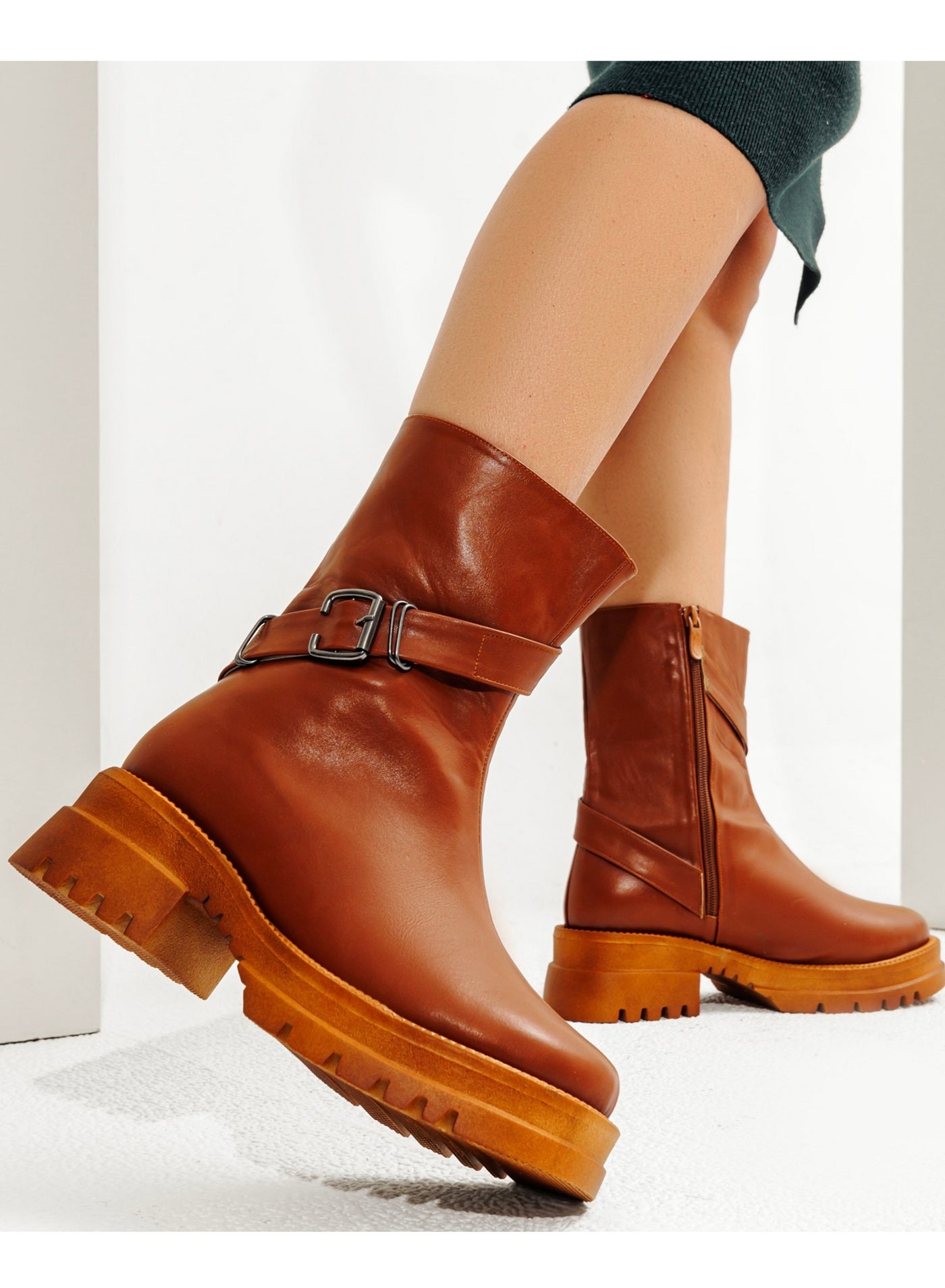 Half Boots Leather Mid Heels R-603