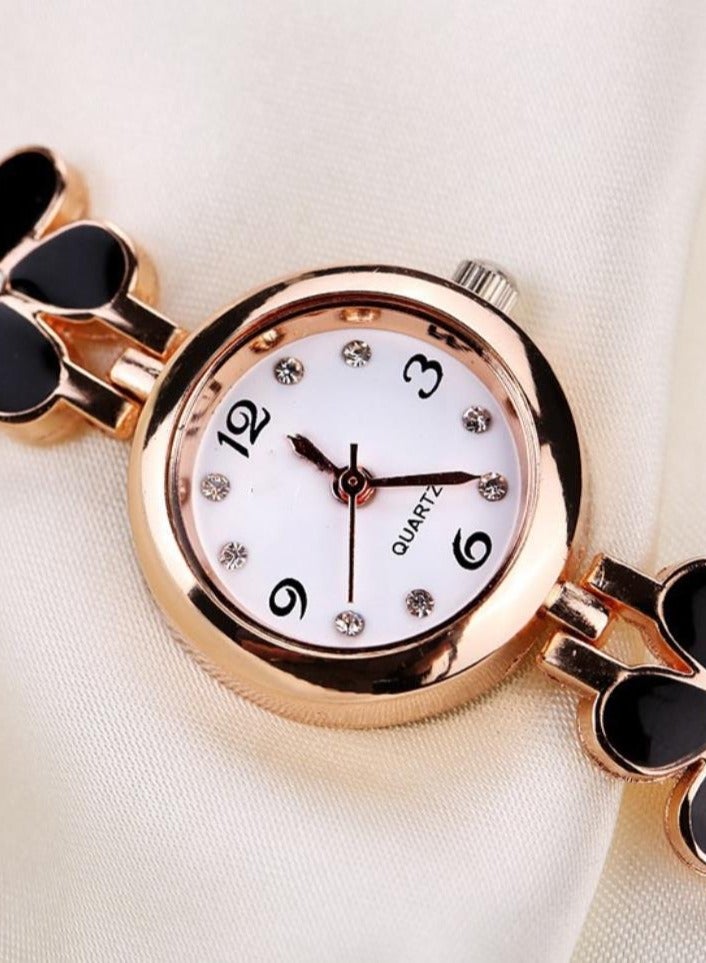 Women's Gold Quartz Watch Set Black Flower Bracelet Watch with Butterfly Jewelry Elegant Gift for Girls & Ladies - Image 3