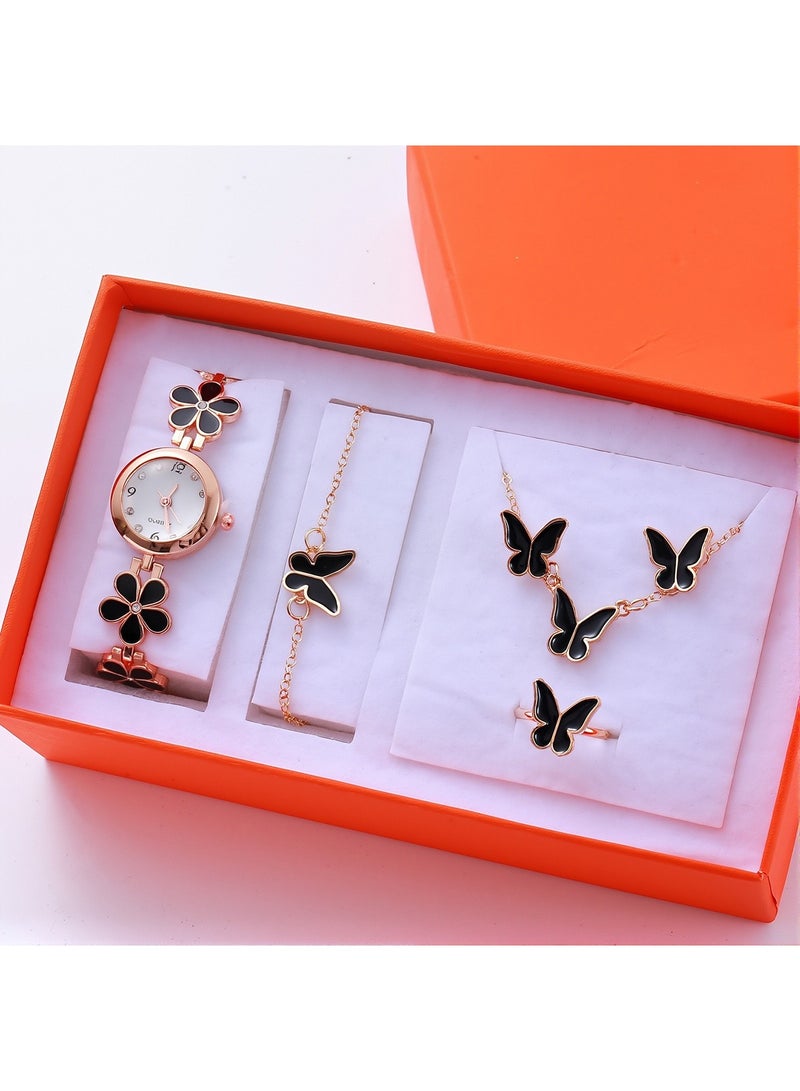 Women's Gold Quartz Watch Set Black Flower Bracelet Watch with Butterfly Jewelry Elegant Gift for Girls & Ladies - Image 1