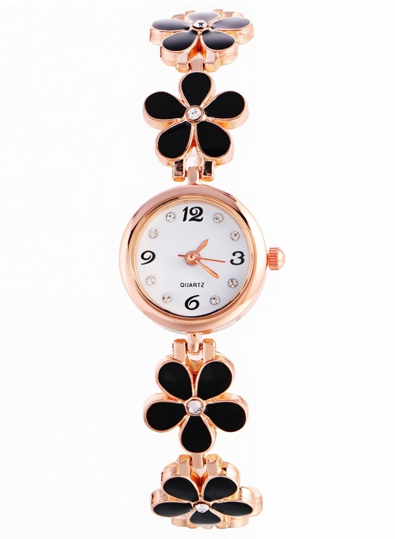 Women's Gold Quartz Watch Set Black Flower Bracelet Watch with Butterfly Jewelry Elegant Gift for Girls & Ladies - Image 2