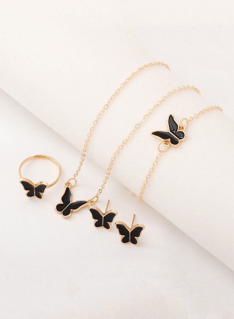 Women's Gold Quartz Watch Set Black Flower Bracelet Watch with Butterfly Jewelry Elegant Gift for Girls & Ladies - Image 4
