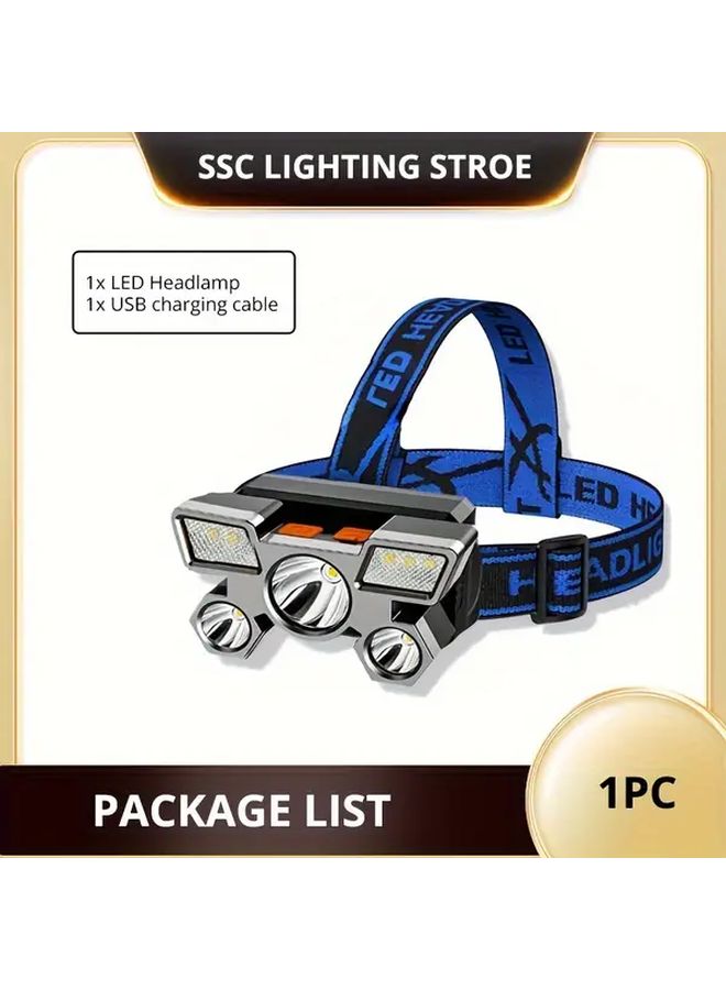 مصباح أمامي صغير قابل لإعادة الشحن عبر USB، 5 مصابيح LED سوداء، مخصص للتخييم والاستخدام الخارجي - Image 1