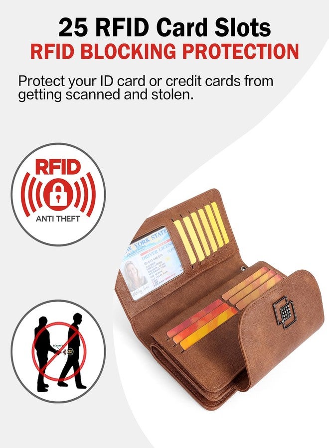 FADEON Leather Wallets for Women, Large RFID Blocking Trifold Wristlet Purse with Credit Card Holder Organizer, 1-brown Retro Style, 4.13 x 2.13 x 7.87 inches, Vintage - Image 5