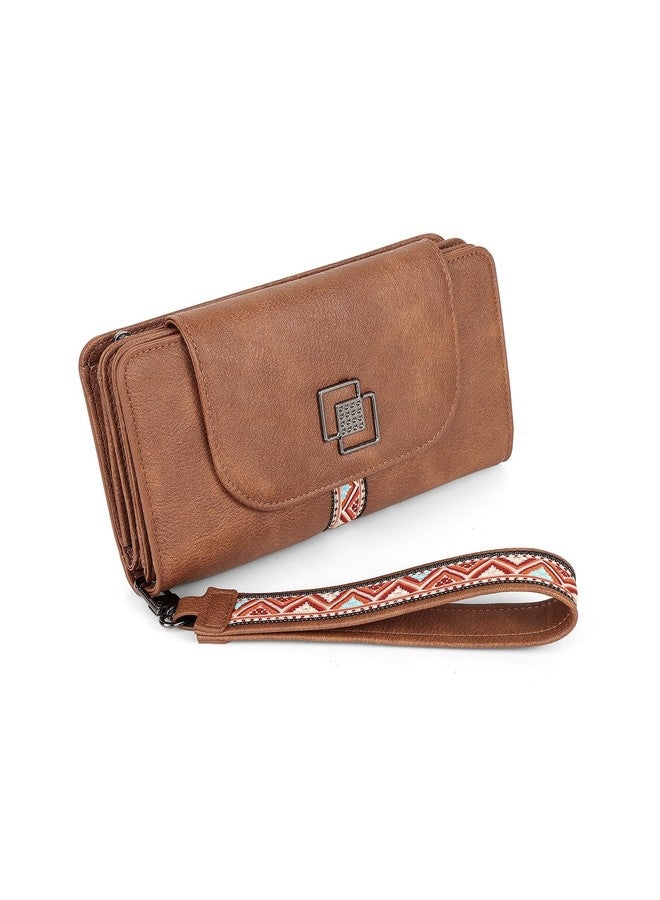 FADEON Leather Wallets for Women, Large RFID Blocking Trifold Wristlet Purse with Credit Card Holder Organizer, 1-brown Retro Style, 4.13 x 2.13 x 7.87 inches, Vintage - Image 1