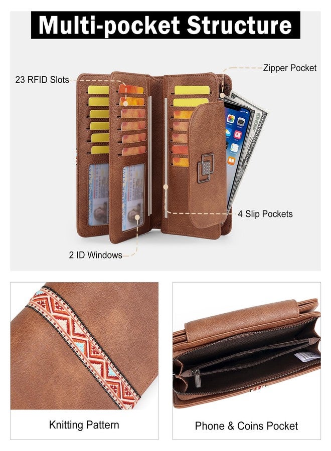 FADEON Leather Wallets for Women, Large RFID Blocking Trifold Wristlet Purse with Credit Card Holder Organizer, 1-brown Retro Style, 4.13 x 2.13 x 7.87 inches, Vintage - Image 3