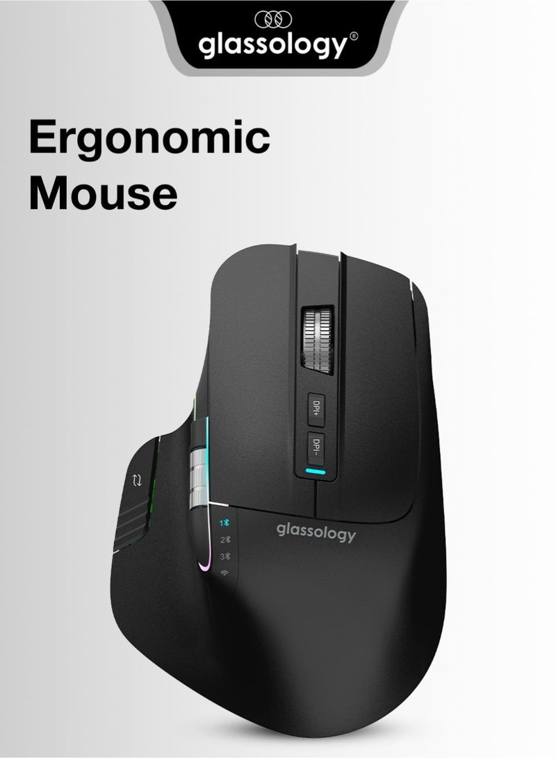 جلاسولوجي Glassology Ergoflow Pro Horizontal Ergonomic Mouse  3-in-1 Connectivity (USB-C/2.4G/Bluetooth)  Dual Scroll Wheels  Black - Image 1
