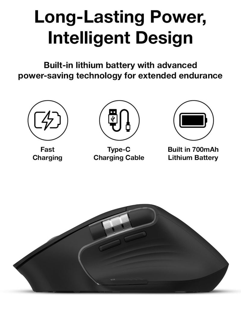 جلاسولوجي Glassology Ergoflow Pro Horizontal Ergonomic Mouse  3-in-1 Connectivity (USB-C/2.4G/Bluetooth)  Dual Scroll Wheels  Black - Image 3