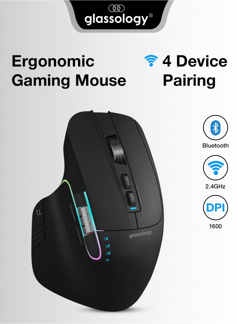 glassology Ergonomic Wireless Mouse Bluetooth 5.0 & 2.4GHz, 800/1200/1600 DPI Rechargeable Gaming Mouse, 8 Programmable Buttons, 4 Device Pairing, RGB Lights, Silent Click, Type-C, for PC Laptop Mac - Image 1